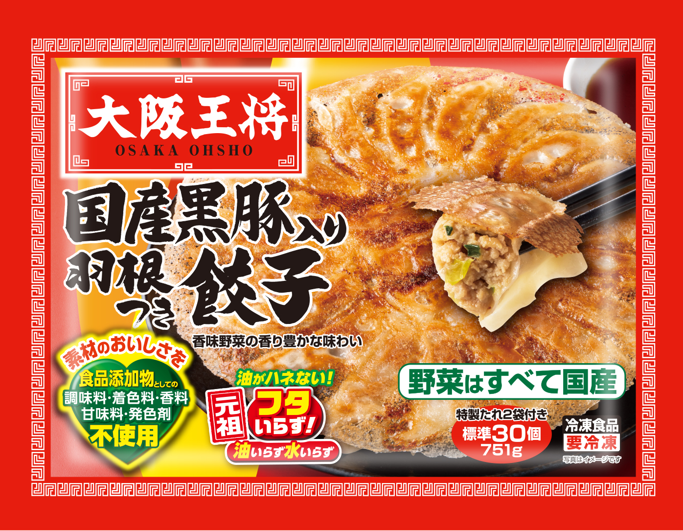 大阪王将 国産黒豚入り羽根つき餃子(標準30個、たれ2袋)